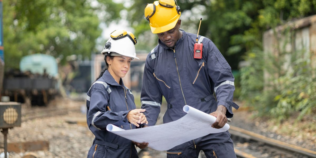 Railway Workers Discussing Plans on Railroad Track